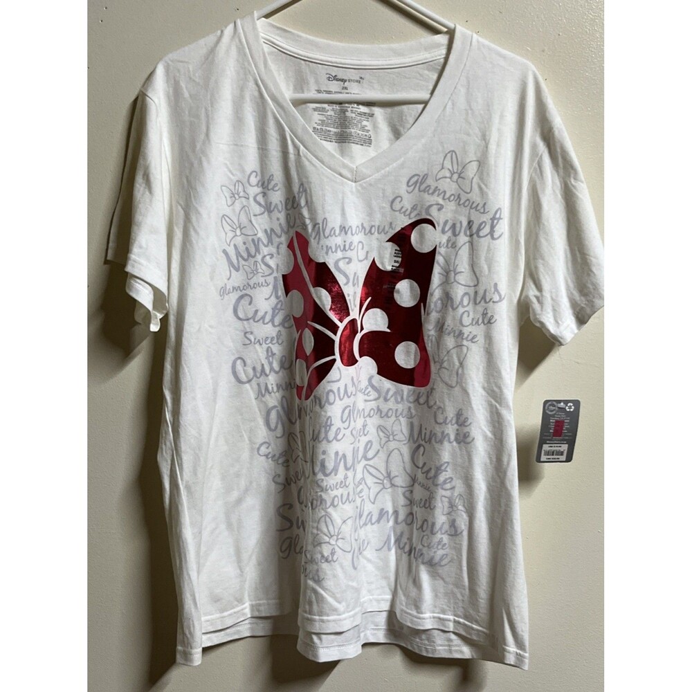 Disney Store Tshirt Women’s Size 2XL Minnie Mouse Mettalic Red Bow V Neck